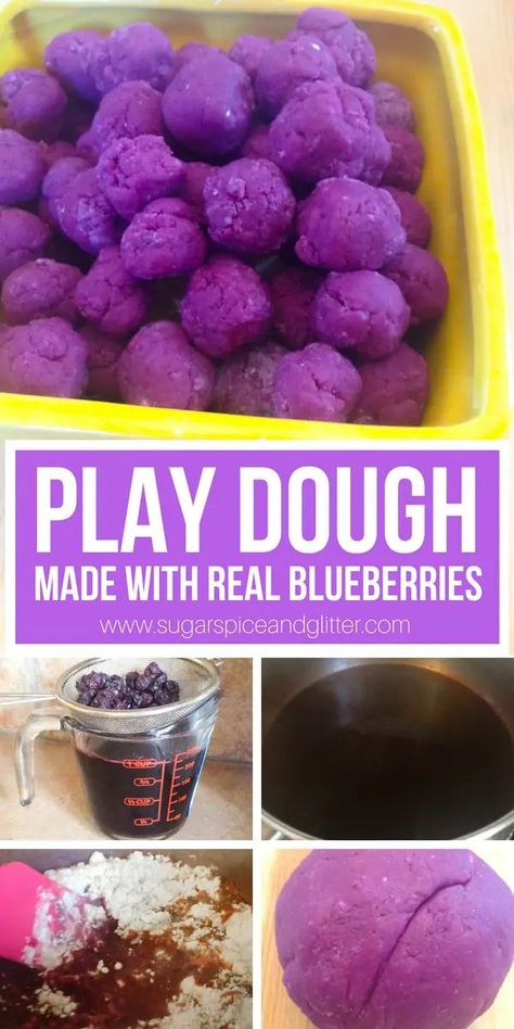 How to make natural play dough with real blueberries! This play dough smells delicious and is perfect for playing bakery. There are so many benefits to letting kids play with play dough - sensory, emotional and academic Blueberry Activities For Kids, Pretend Bakery, Sugar Free Juice, Natural Play Dough, Play Bakery, Blueberry Water, Diy Playdough, Homemade Playdough Recipe, Kid Science