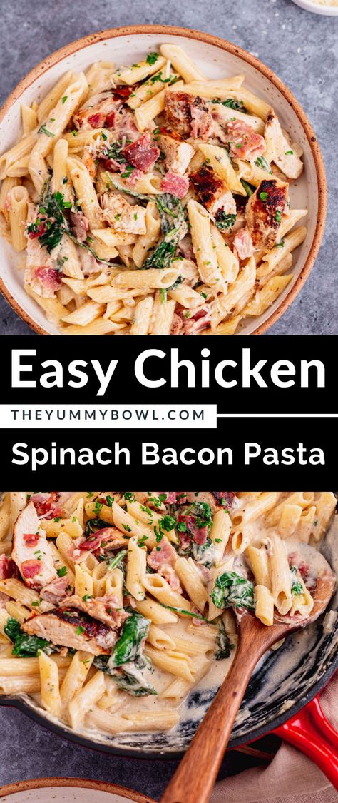 Bacon Spinach Pasta, Dinner Recipe Pasta, Chicken Bacon Spinach Pasta, Spinach Pasta Recipes, Alfredo Chicken, Chicken Bacon Pasta, Creamy Alfredo Sauce, Resep Pasta, Chicken And Bacon