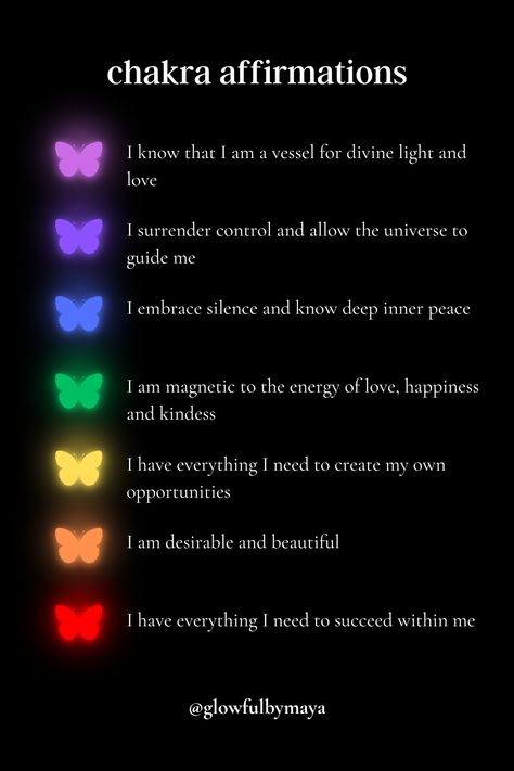 chakra affirmations by glowfulbymaya [positivity mindset manifesting positive energy manifestation manifest meditation abundance law of assumption law of attraction chakra crown third eye throat heart solar plexus sacral root energy healthy calm] Chakra Affirmations Mantra, Eye Affirmations, Crown Chakra Affirmation, Manifest Meditation, Energy Manifestation, Positivity Mindset, Improvement Quotes, Tarot Cards For Beginners, Law Of Assumption