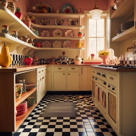 Home Decor Inspiration: Go Bold with These Unique Kitschy Kitchen Ideas!   "Bring the joy of a 1950s kitchen to life with eclectic kitchen design and quirky kitchen decor! Dive into kitschy kitchen inspo that mixes retro kitchen colors with playful elements for a standout look. Perfect for those who love bold kitchen inspiration, this 50s kitchen style is packed with personality and charm. Retro Kitchen Colors, Quirky Kitchen Ideas, Coastal Home Interior, Hacienda Kitchen, 1980s Kitchen, Eclectic Kitchen Design, Quirky Kitchen Decor, 80s Kitchen, 50s Kitchen