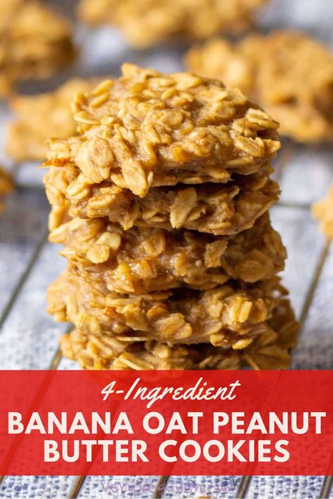 These super simple and sugar-free cookies with mashed banana, oatmeal and peanut butter are a delicious, healthy snack or dessert. Just 4 ingredients, they're vegan, whole food plant-based, gluten-free, requiring no flour, no egg and no oil. This is the official recipe for adding peanut butter to the basic banana oatmeal cookie. They are vegan, whole food plant based and gluten-free. Mashed Banana Oatmeal, Banana Recipes No Flour, Banana Oat Peanut Butter, Mashed Banana Recipes, Oat Peanut Butter Cookies, Oatmeal And Peanut Butter, Vegan Whole Food, Peanut Butter Banana Cookies, Banana Recipes Easy