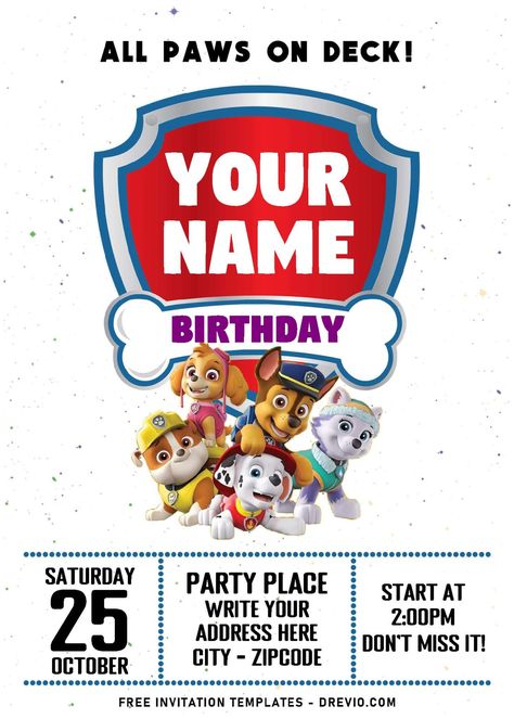 (Free Editable PDF) Brave Super Puppy PAW Patrol Birthday Invitation Templates | Download Hundreds FREE PRINTABLE Birthday Invitation Templates Paw Patrol Invitations Printables, Paw Patrol Birthday Card, Paw Patrol Party Invitations, 3rd Birthday Party For Boy, Baby Handprint Crafts, Paw Patrol Birthday Theme, Paw Patrol Birthday Invitations, Birthday Milestone Board, First Birthday Posters