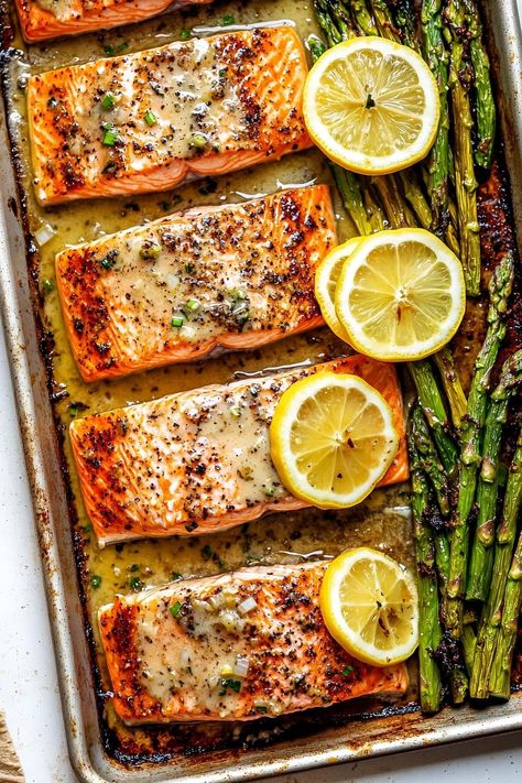 This one-pan baked garlic butter salmon is simple, quick, and delicious. It's perfect for both weeknight dinners and special occasions. Easy Salmon And Asparagus Recipes, Salmon Side Recipes, Baked Salmon With Sauce, Best Oven Baked Salmon, Baked Salmon And Shrimp, Best Salmon Marinade Baked, Easy Way To Cook Salmon, Salmon Buffet Ideas, Salmon Recipes Skin On