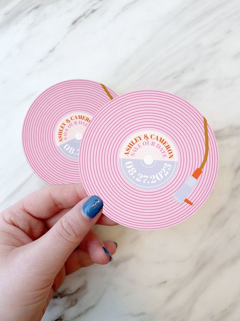 "This coaster is part of the Retro Record Suite. Seen here ▸ https://www.etsy.com/listing/1216903944/printable-funky-retro-record-player These semi-custom drink coasters are perfect for any special occasion: weddings, showers, parties and other events. Colors can be customized upon request for an additional $5. This addition can be added to your cart from the 'TYPE & QUANTITY' dropdown box. 〰️ DESCRIPTION 〰️ * SHIPS FREE! * 3.7\" circle drink coaster * Premium full color printing * 60 pt. coaste Coaster Wedding Favors, Record Coaster, Custom Drink Coasters, Funky Wedding, Music Wedding, Projets Cricut, Wedding Coasters, Candle Business, All I Ever Wanted