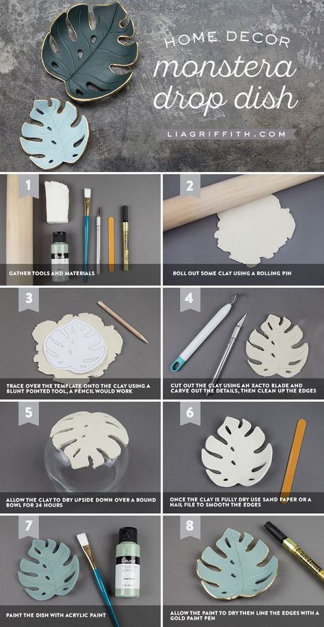 Make a simple DIY monstera drop dish for your home Joululahjat Diy, Dekor Diy, Tanah Liat, Diy Simple, Diy Clay Crafts, Décor Diy, Tutorial Diy, Diy Blog, Crafts Ideas