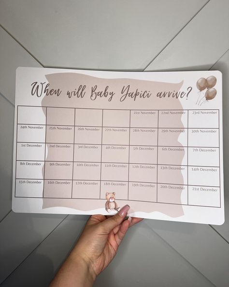 🐻Guess The Due Date 🐻 This print is the perfect baby shower activity where guests can guess when they think the baby will arrive, Available in A3 and A4 Size. #babyshower #bearbabyshower #teddybabyshower #teddybearbabyshower #babyshowerideas #babyshowerinspo #neutralbabyshower Guess The Due Date, Baby Shower Activity, Teddy Bear Baby Shower, Baby Shower Activities, Perfect Baby Shower, Due Date, Baby Bear Baby Shower, Neutral Baby Shower, A4 Size