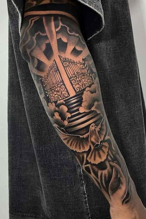 Heaven Tattoos For Men, Tattoos With Clouds, Angel Sleeve Tattoo, Christus Tattoo, Heaven Tattoo, Chucky Tattoo, Arm Tattoos Black, Arm Tattoos For Guys Forearm, Half Sleeve Tattoo Stencils