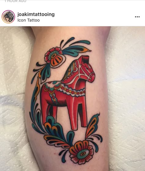 Traditional Swedish Tattoo, Swedish Horse Tattoo, Swedish Dala Horse Tattoo, Dala Tattoo, Nordic Folk Art Tattoo, Dala Horse Tattoo, Swedish Tattoo Ideas, Rosemaling Tattoo, Horse Tattoo Ideas