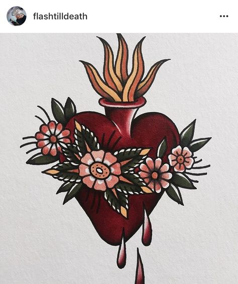 Color Sacred Heart Tattoo, American Trad Sacred Heart, Burning Heart Tattoo Traditional, American Traditional Tattoos Mexican, Trad Sacred Heart Tattoo, Scared Heart Tattoo Traditional, Sacred Heart American Traditional Tattoo, Traditional Valentines Day Tattoo, Traditional Sacred Heart Tattoo Design