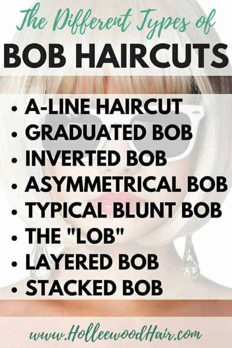 Bob haircuts are kinda amazing..but do you know the difference between a graduated bob, a-line haircut, and the other types of bobs? #HairTips #Hairstyles #HairHacks #HairKnowledge Types Of Bobs, A Line Haircut, Kort Bob, Angled Bob Haircuts, Asymmetrical Bob Haircuts, Graduated Bob, Stacked Bobs, Medium Bob, Textured Bob