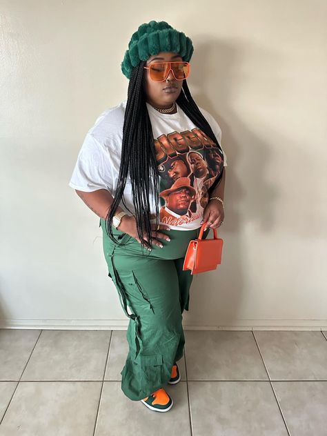 Fly Shi Only Outfits Plus Size, Orange And Green Outfit Streetwear, Plus Size Streetware, Plus Size Outfits For Fall Black Women, Plus Size 90s Fashion Outfits Hip Hop, Plus Size Baddie Winter, Rod Wave Concert Outfit Plus Size, Cargo Pants Outfit Black Women Plus Size, Plus Size Outfit Ideas Black Women