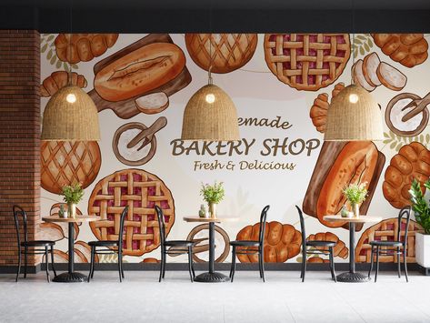 Excited to share the latest addition to my #etsy shop: Watercolor Bakery Wallpaper. Customizable Vintage Design Patisserie Mural. Kitchen Wallpaper. Coffee Shop Mural. Cafe Wallpaper https://etsy.me/3dUSB55 #brown #confirmation #christmas #white #entryway #bohemian Bakery Wall Design, Low Budget Interior Ideas, Budget Interior Ideas, Wallpaper Coffee Shop, Cafe Murals, Bakery Wallpaper, Bakery Painting, Shop Mural, Watercolor Bakery