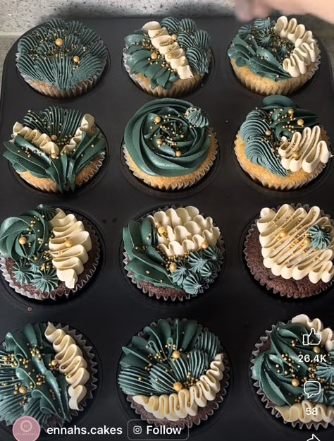 Emerald Wedding Cupcakes, Forest Green Wedding Cupcakes, Dark Green Macarons, Dark Green Wedding Cupcakes, Emerald Green And Gold Wedding Cake And Cupcakes, Black And Green Cupcakes, Hunter Green Cupcakes, Slytherin Cupcakes, Emerald And Gold Cupcakes