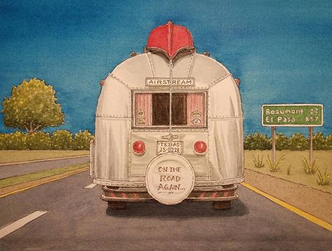 "This is a print of the original watercolor painting depicting an Airstream RV trailer on the open road - passing the mileage sign at the Texas state line - heading westbound in to Texas from Louisiana. Print measures 5\" x 7\" - on paper. This is one of a growing series of paintings I'm creating that depict scenes around Texas. This mileage sign always catches my eye as we pass by heading to Houston. Texas is big." Camper Painting, Summer Doodles, Texas Watercolor, Pic Wall, Airstream Rv, Camping Quilt, Camper Art, Vase Ideas, Collage Elements