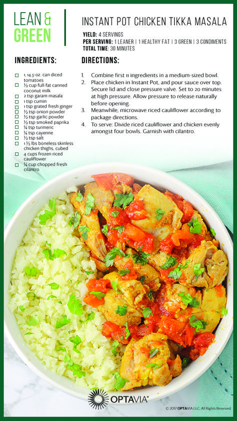 Instant Pot Chicken Tikka Masala Optavia Lean And Green Recipes, Medifast Recipes, Optavia Lean And Green, Lean Protein Meals, Chinese Kool, Lean And Green, Green Meals, Lean Meals, Green Recipes