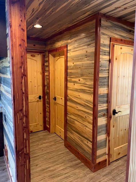 T111 Interior Walls, Blue Pine Walls, Rustic Trim Ideas, Cabin Style Homes, Barn House Interior, Shiplap Wall Diy, Blue Pine, Montana Homes, House Trim