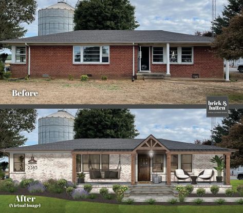 12 Front Porch Addition Ideas with Before and After Photos - brick&batten Revamp Exterior Of House, Brick Ranch With Front Porch, Adding On A Porch To House, Front Porch Addition Ideas Ranch, Addition Off Back Of Ranch House, Whitewashed Brick House Exterior, Adding Front Porch To Ranch Style House Before And After, Before And After Front Porch Addition, Portico Addition Before And After