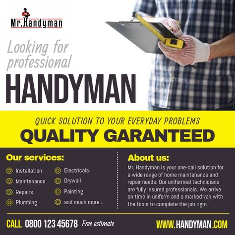 Handyman Advertising, Electrician Flyer, Handyman Flyer, Handyman Quotes, Good Work Quotes, Handyman Business, Business Card Logo Design, Property Maintenance, Invert Colors