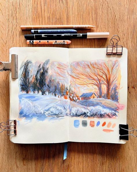 Whimsical Art Journal, Color Pencil Illustration, Gouache Illustrations, Landscape Sketch, Gouache Art, Winter Sunset, Sketchbook Art Journal, Watercolor Sketchbook, 수채화 그림