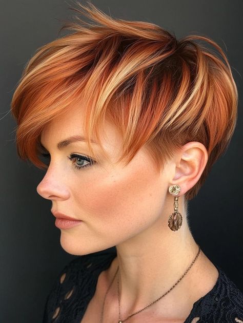 Bold and Beautiful Short Hair Color Ideas for Every Style Copper Hairstyles Color, Red And Blonde Highlights Short Hair, Copper And Blonde Pixie, Short Reddish Blonde Hair, Red Copper Hair Color Short, Red Hair Color Short Haircuts, Short Hair Color And Highlights, Red Blonde Short Hair, Copper Blonde Pixie