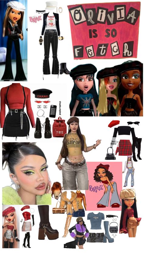 Bratz outfits Bratz Outfits Halloween Costume, Brats Y2k Outfits, Bratz Fur Outfit, Bratz Costume Halloween Ideas Yasmin, Bratz Doll Inspo Outfits, Dressing Like A Bratz Doll, Brats Dolls Outfit Ideas, Bratz Doll Outfits Black Women, Brats Halloween Costumes Ideas