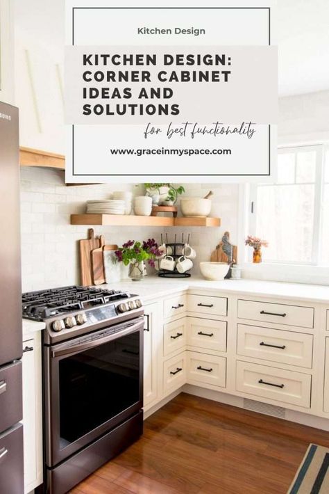 Kitchen design has its challenges, like what to do with that wasted corner space! Here are some creative corner cabinet ideas for your remodel. #fromhousetohaven #kitchendesign #cornercabinet #kitchen #customkitchen Corner Cabinet Open Shelving, Small Corner Cabinet Kitchen, Kitchen Design Corner, Corner Cabinets Kitchen, Kitchen Design 2023, Corner Cabinet Ideas, Corner Shelves Kitchen, Kitchen Corner Ideas, Small Corner Cabinet