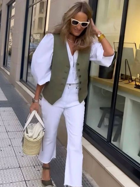 Outfits 2024 Women, Khaki Vest Outfit, Spring Vest Outfits, Waistcoat Outfits, Waistcoat Outfit Women, Waistcoat Outfit, Outfits For Women Over 50, 20 Outfits, Vest Outfits For Women