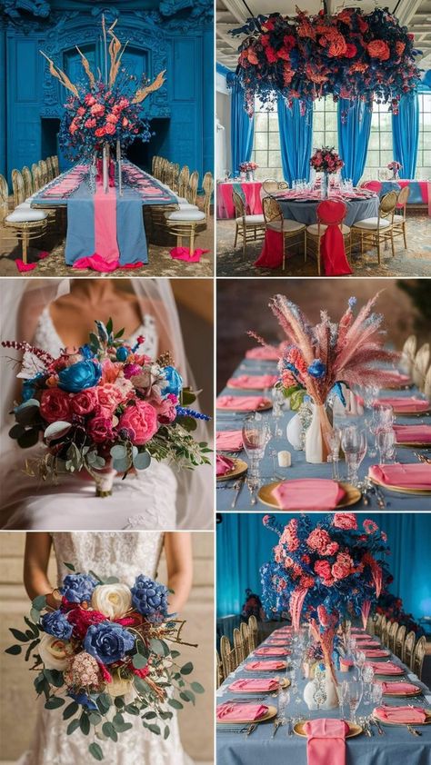 Pink And Royal Blue Wedding, Dusty Blue And Pink Wedding Theme, Blue Wedding Theme Ideas, Pink And Blue Wedding, Pink And Royal Blue, Royal Blue Wedding Theme, Blue Wedding Theme, Blue Purple Wedding, Orange And Pink Wedding