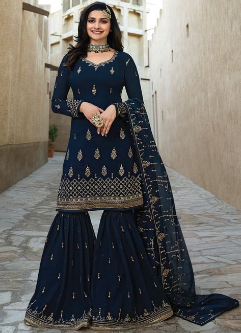 Dark Blue Embroidered Georgette Gharara Suit Blue Sharara Suit, Blue Sharara, Eid Clothes, Georgette Palazzo, Gharara Suits, Sharara Designs, Prachi Desai, Eid Outfits, Gaun Fashion