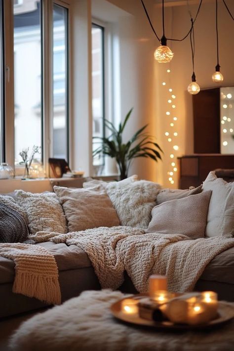 "Transform your space into a cozy retreat with Hygge Living Room Decor! 🛋️�🌿 Ideal for adding layers, textures, and soft lighting. 🌿✨ #HyggeDecor #LivingRoomStyle #ComfortAtHome" Cozy Hygge Living Room, Hygge Decor Living Rooms, Hygge Lighting, Hygge Living Room, Cozy Living Room Design, Hygge Living, Cozy Hygge, Hygge Decor, Living Room Style