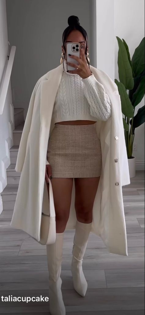 White Leather Skirt Outfit Winter, Feminine Clothing Classy, Fancy Christmas Dinner Outfit, Cold Concert Outfit Night, Brown And Nude Outfit, Winter Restaurant Outfit, Outfits For Party Night Club, Nude Skirt Outfit, Classy Winter Outfits Dressy