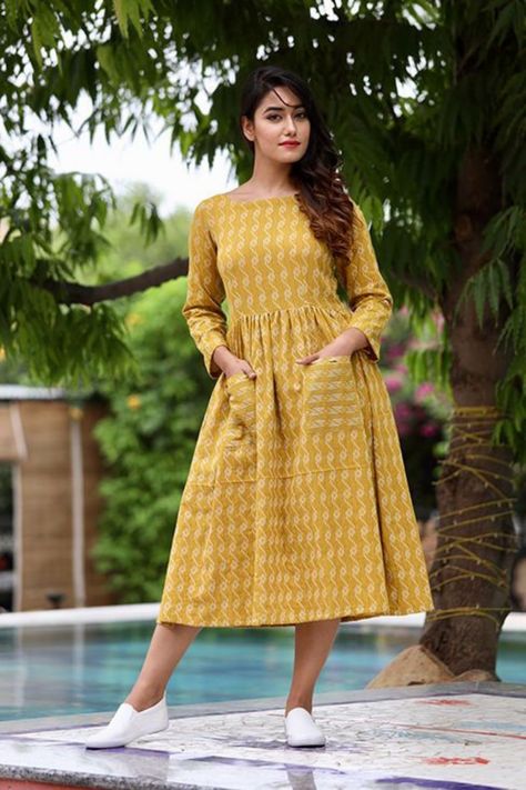 Summer Outfit Ideas || Ikat Shift Dress #ootd #style #summer Casual Frocks For Women, Frocks For Women Knee Length, Cotton Frocks For Women, Frocks For Women, Short Frocks, Simple Frock Design, Western Dresses For Women, Casual Frocks, Simple Frocks