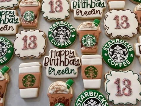 Starbucks Themed Cookies, Starbucks Cookies Decorated, 12 Year Birthday Party Ideas Theme, Starbucks Party Ideas For Teens, Starbucks Bday Party Ideas, Frappy Birthday, 13th Birthday Cookies, Starbucks Themed Birthday Party, Starbucks Birthday Party Ideas