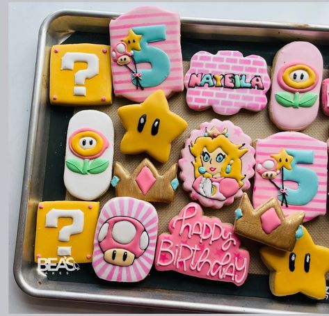 Princess peach theme decorated sugar cookies for Nayeila’s 5th birthday 💓💓💓💓 #sugarcookies #sugarcookiesofinstagram #princesspeach #princesspeachcookies #decoratedcookies #galletasdecoradas Princess Peach Sugar Cookies, Princess Peach Cookies, Peach Sugar Cookies, Super Mario And Princess Peach, Peach Cookies, Mario And Princess Peach, Frosted Cookies, 7 Birthday, Decorated Sugar Cookies