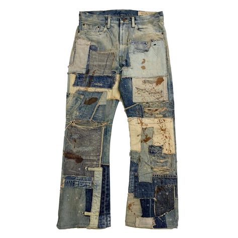 Patchwork Jeans Diy, Boro Jeans, Kapital Jeans, Boro Denim, Kapital Denim, Distressed Outfit, Denim Diy Clothes, Charlie Kelly, Sun Fashion