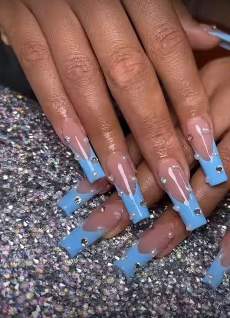 Light Blue Nails With Crystals, Blue Diamond Nail Designs, Blue French Tip Nails With Diamonds, Diamond Blue Nails, Blue Nails With Gems Rhinestones, Blue French Tip Nails With Rhinestones, Blue Nails Diamonds, Blue Nails With Pearls, Blue Nails With Diamonds