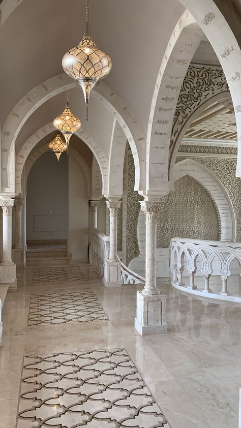 Designed externally and internally by the architect, and interior designer Mohamed Nassif. Inspired by Moroccan design with a modern twist. #homedecor #design #interiordesign #moroccandecor #moroccanstyle #morrocandesign #decor #mansions #islamicart #islamicarchitecture #islamicdesign #architecture #designideas #columns #arches Arabic Home Interior, Arabesque Interior Design, Pakistan Interior Design, Ancient Interior Design, Arab Interior Design, Modern Moroccan Architecture, Moroccan Interiors Modern, Modern Moroccan House, Morroco Interior Design