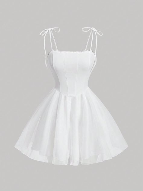 White Elegant Collar Sleeveless Woven Fabric Plain Cami Embellished Non-Stretch  Women Clothing White Simple Dress, White Cute Dress, White Short Dresses, White Dress Short, Short White Dresses, 2000s Japanese Fashion, Simple White Dress, Tight Dress Outfit