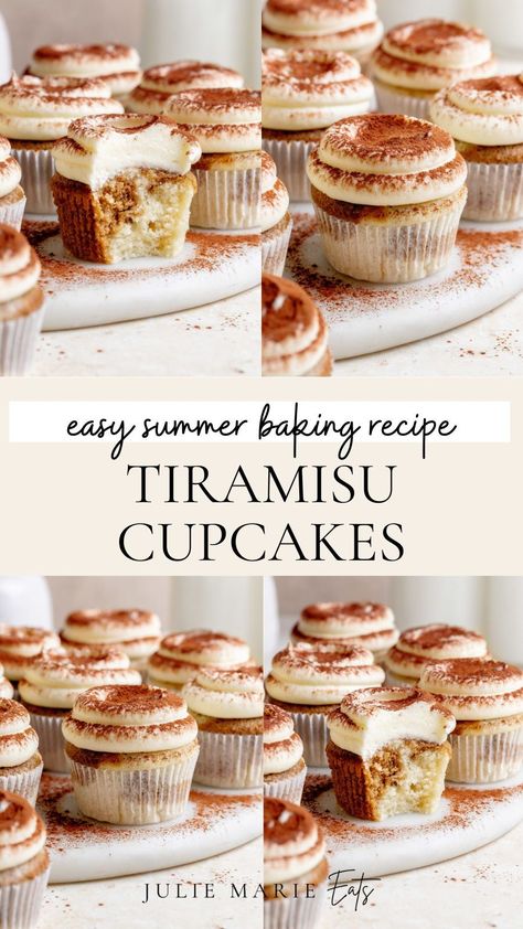 Learn how to make these super soft almond and espresso cupcakes topped with fluffy Amaretto mascarpone buttercream. Follow Julie Marie Eats for more easy tiramisu recipes and easy cupcakes from scratch, for a crowd or for birthdays, or baby showers cupcake ideas. Tiramisu Cupcakes Box Cake, Lemoncello Cupcake Recipe, Boozy Christmas Cupcakes, Tiramisu Cupcakes Recipe, Dessert Business Ideas, Desert Cups Ideas, Unique Cupcake Flavors, Cupcake Flavor Ideas, Espresso Cupcake