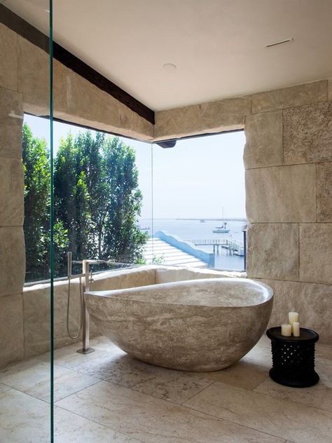 17 Charming Bathtubs Made Of Natural Stone For More Pleasant Look Bathroom Elements, Mediterranean Bathroom, Stone Tub, Stone Bathtub, Bathtub Remodel, Bathtub Design, Rustic Stone, Dream Bathrooms, Free Standing Bath Tub