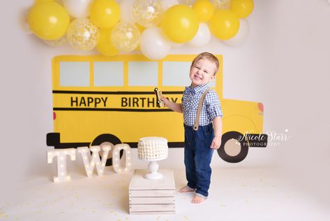 Grayson Turns Two! A School Bus Cake Smash for My Little Guy — Saratoga Springs & Boston Baby Photographer, Nicole Starr Photography School Bus Party Ideas, Wheels On The Bus Balloon Decorations, 2nd Birthday Bus Theme, Wheel On The Bus Birthday Theme, School Bus Themed Birthday Party, Transportation Birthday Photoshoot, Bus Party Ideas Birthdays, School Bus Birthday Party Ideas, School Bus Theme Birthday Party