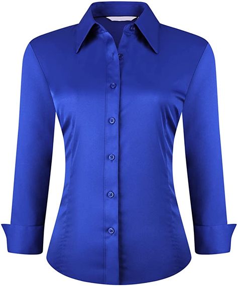 Shirts For Women Formal, Feminine Shirts, Horse Show Clothes, Blue Button Up Shirt, Women's Button Down Shirt, Shirts Long Sleeve, Women Formals, Work Blouse, Amazon Women