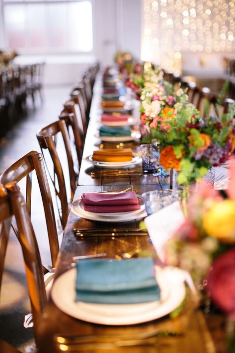 Colourful Napkins Wedding Place Settings Ideas Emily Jarrett Photography #wedding #placesetting Colorful Wedding Table Decorations, Colourful Minimalist Wedding Decor, Colourful Napkins Wedding, Colorful Wedding Napkins, Colorful Warehouse Wedding, Coloured Napkins Wedding, Dried Flower Altar, Colorful Wedding Linens, Colorful Place Setting