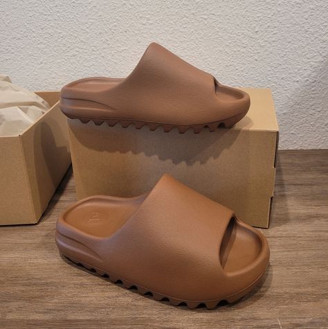 Brand New Beige Yeezy Slides Size 4. Fits Like A 5.5 Or 6 In Women. Color Is Flax But It's More Brown. Yeezy Slides Colors, Brown Slides Outfit, Brown Yeezy Slides Outfit, Brown Yeezy Slides, Yeezy Slides Outfit, Drip Outfits, Slides Outfit, Yeezy Slides, Brown Outfit