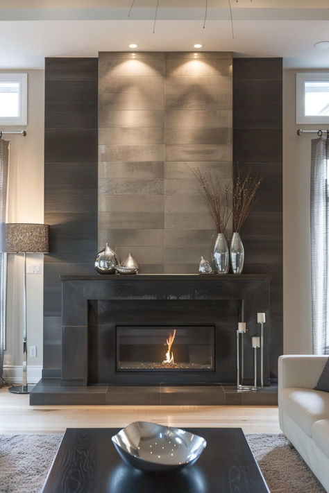 40 Modern Mantel Decor Ideas To Elevate Your Fireplace with Style Fireplace Bar Ideas, Fireplace With Metal Surround, Modern Black Tile Fireplace Wall, Contemporary Metal Fireplace Mantle, Modern Long Electric Fireplace, Modern Black Linear Fireplace, Modern Metal Fireplace Surround, Dark Fireplaces, Metal Fireplace Surround