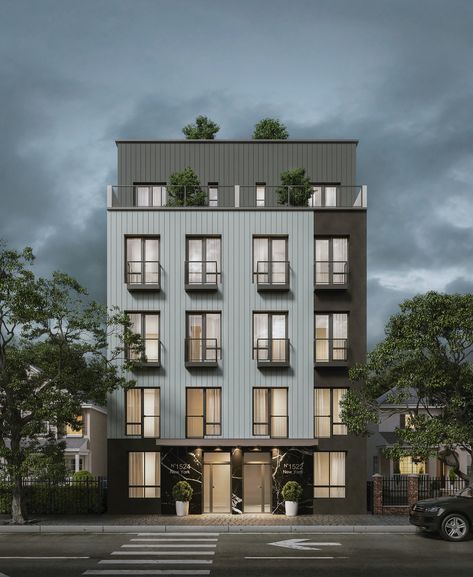 Four Story Apartment Building, 5 Story Apartment Building, Small Residential Building, House Rendering, Architectural Render, New York Apartment Exterior, Apartment Building Architecture, Residential Building Facade, Mixed Use Building