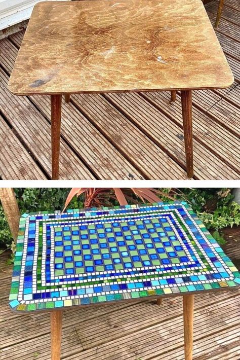 Wood Upcycle Projects, Chalk Paint Coffee Table Ideas, Mosaic Coffee Table Diy, Old Table Makeover Diy Projects, Tile On Wood Table Diy, Table Upcycle Diy, Coffee Table Painting Ideas, Upcycle Wooden Coffee Table, Diy Mosaic Table Top