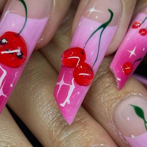 Ametears Nails ✨ Strasbourg on Instagram: "Cherry lipstick 🍒✨ Inspo : @dxpper.acrylics #nails #nailart #gelX #cherrynailart #cherry #XLnails #onglesstrasbourg #nailinspo #nailaddict" 3d Cherry Nails, Lipstick Nails Design, Cherry Lipstick, Cherry Nail Art, Lipstick Nails, Cherry Nails, Nail Room, Glamour Nails, Goth Nails