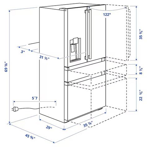 ÖVERSKÅDLIG French door refrigerator, 4-door/stainless steel color, 22 cu.ft A generous-sized refridgerator with French doors and 2 spacious freezer drawers. The dispenser on the door is always ready to serve up ice and water when it is time to quench your thirst. An inbuilt fan spreads the air and maintains a consistent temperature throughout, so you can make use of the entire space and store all types of food anywhere. You never have to defrost or scrap ice as the no frost function autom... Stainless Steel Refrigerator, French Door, Ice Maker, Adjustable Shelves, French Door Refrigerator, Types Of Food, French Doors, The Door, Adjustable Shelving