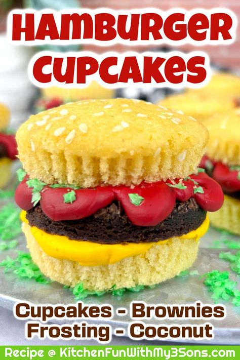 Hamburger Cupcakes are adorable treats that look like little burger sliders made with cupcakes, brownies and colorful 'toppings.' Perfect for parties or outdoor Summer BBQ's. Cute Cupcakes For Kids, Brownies Frosting, Hamburger Cupcakes, The Best Cupcakes, Cupcakes For Kids, Delicious Cupcakes Recipes, How To Make Hamburgers, Pull Apart Cupcake Cake, Yellow Cupcakes